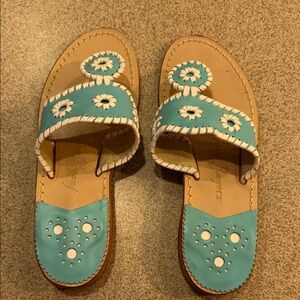 Jack Rogers Turquoise and White Leather Slide Sandals